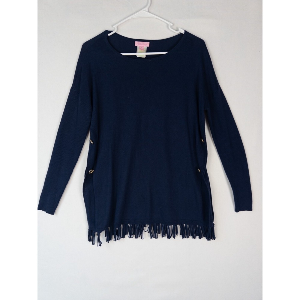 Lilly Pulitzer Sweater‎ Womens XS Blue Knit Pullover Fringe Long Sleeve